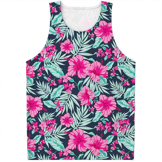 Pink Hibiscus Tropical Pattern Print Men's Tank Top