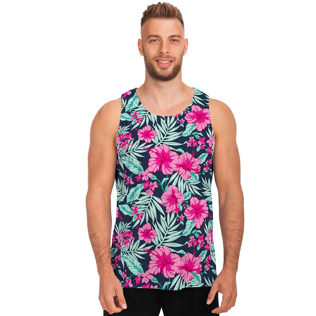 Pink Hibiscus Tropical Pattern Print Men's Tank Top