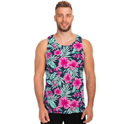 Pink Hibiscus Tropical Pattern Print Men's Tank Top