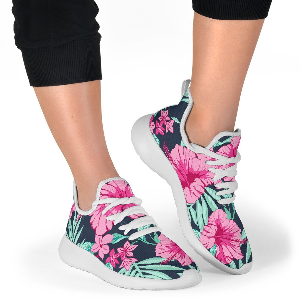 Pink Hibiscus Tropical Pattern Print Mesh Knit Shoes GearFrost