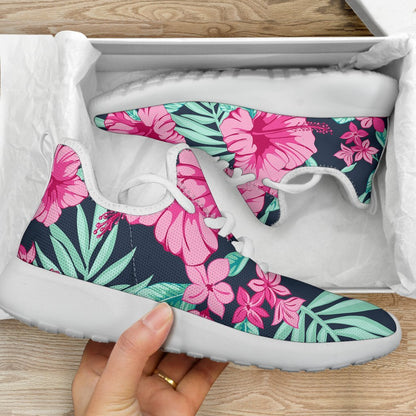 Pink Hibiscus Tropical Pattern Print Mesh Knit Shoes GearFrost