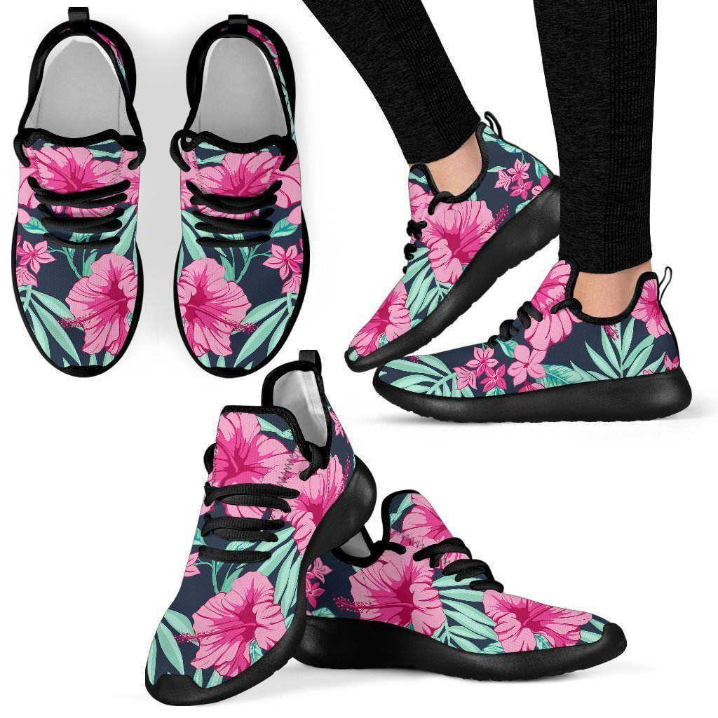 Pink Hibiscus Tropical Pattern Print Mesh Knit Shoes GearFrost