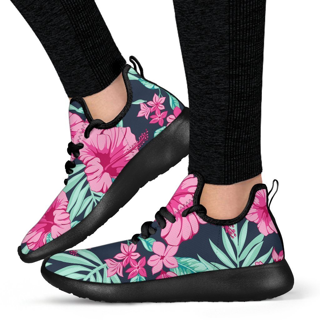 Pink Hibiscus Tropical Pattern Print Mesh Knit Shoes GearFrost