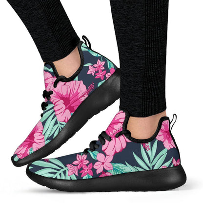 Pink Hibiscus Tropical Pattern Print Mesh Knit Shoes GearFrost