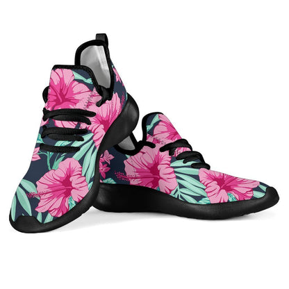 Pink Hibiscus Tropical Pattern Print Mesh Knit Shoes GearFrost