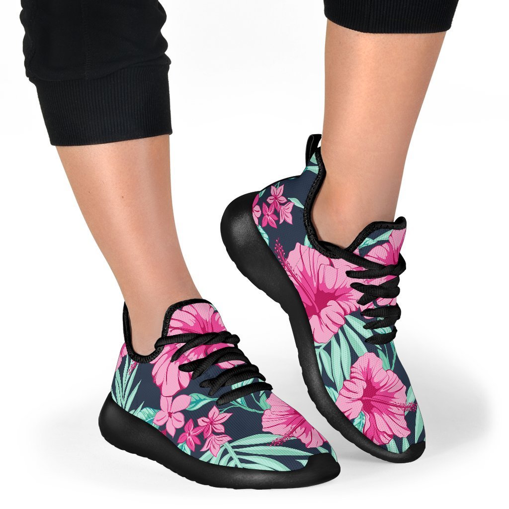 Pink Hibiscus Tropical Pattern Print Mesh Knit Shoes GearFrost