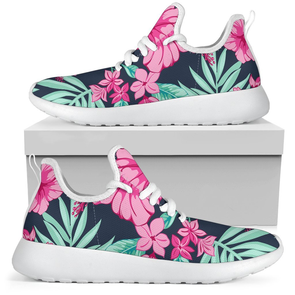 Pink Hibiscus Tropical Pattern Print Mesh Knit Shoes GearFrost