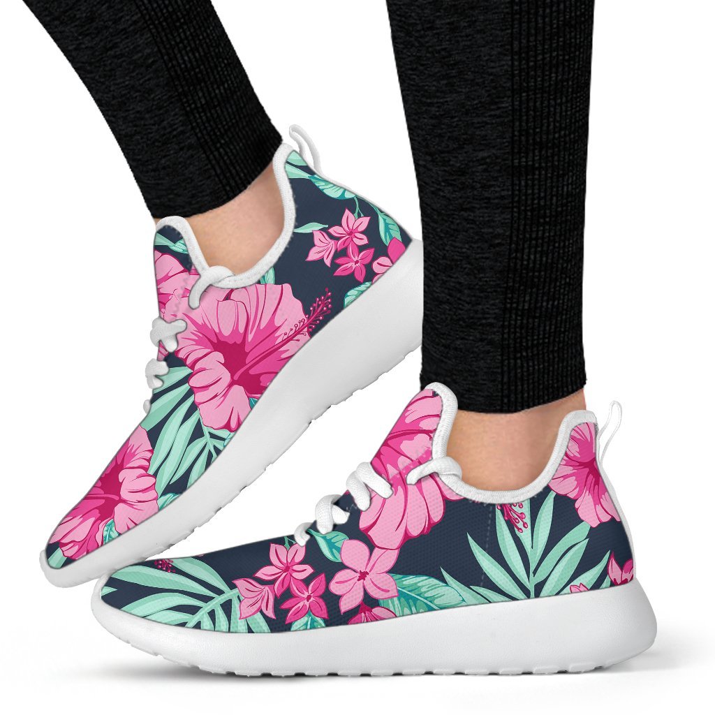 Pink Hibiscus Tropical Pattern Print Mesh Knit Shoes GearFrost