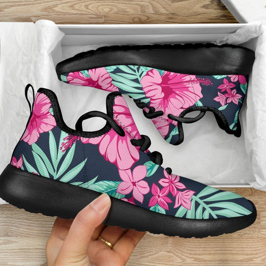 Pink Hibiscus Tropical Pattern Print Mesh Knit Shoes GearFrost