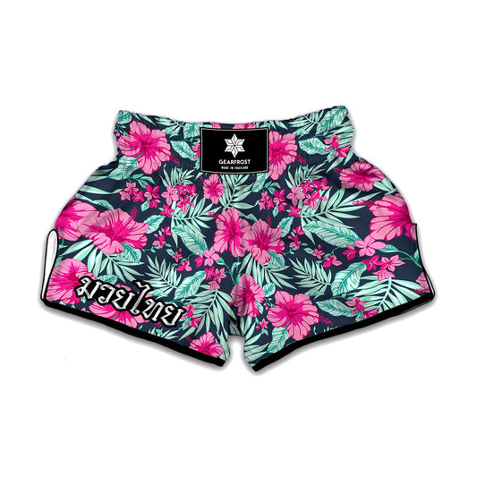 Pink Hibiscus Tropical Pattern Print Muay Thai Boxing Shorts