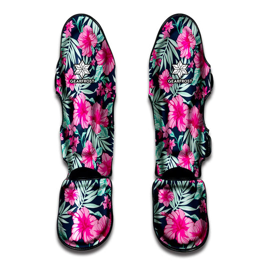Pink Hibiscus Tropical Pattern Print Muay Thai Shin Guard