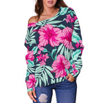 Pink Hibiscus Tropical Pattern Print Off Shoulder Sweatshirt GearFrost