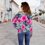 Pink Hibiscus Tropical Pattern Print Off Shoulder Sweatshirt GearFrost