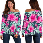 Pink Hibiscus Tropical Pattern Print Off Shoulder Sweatshirt GearFrost