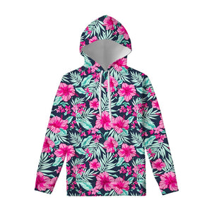 Pink Hibiscus Tropical Pattern Print Pullover Hoodie