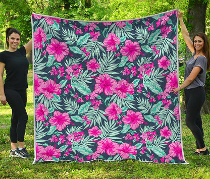 Pink Hibiscus Tropical Pattern Print Quilt