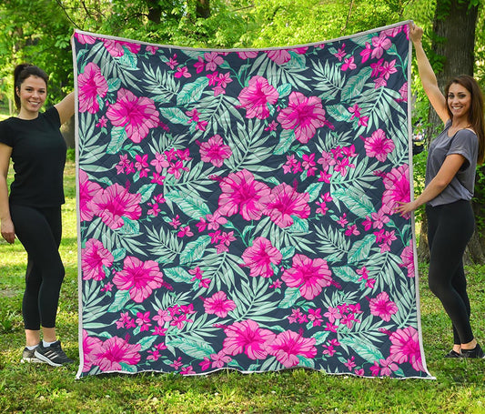 Pink Hibiscus Tropical Pattern Print Quilt