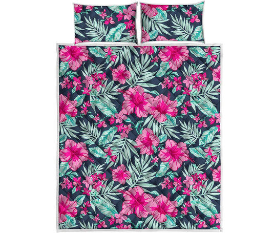 Pink Hibiscus Tropical Pattern Print Quilt Bed Set