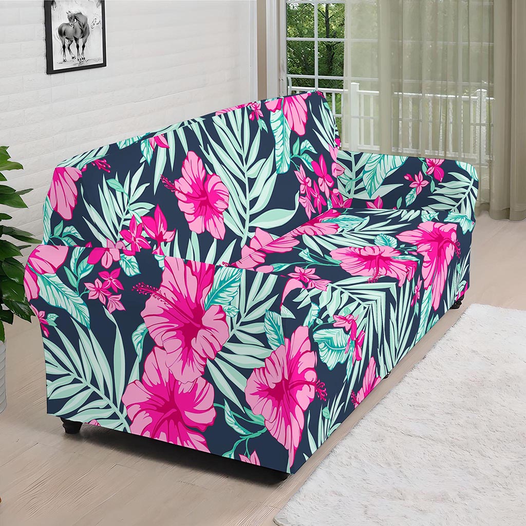 Pink Hibiscus Tropical Pattern Print Sofa Cover