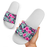Pink Hibiscus Tropical Pattern Print White Slide Sandals