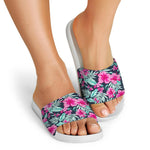 Pink Hibiscus Tropical Pattern Print White Slide Sandals