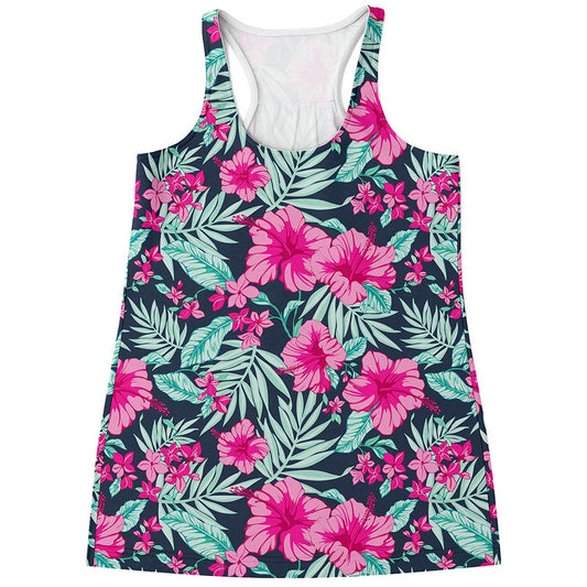 Pink Hibiscus Tropical Pattern Print Women's Racerback Tank Top