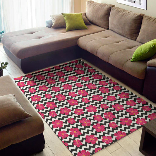 Pink Hibiscus Zigzag Pattern Print Area Rug