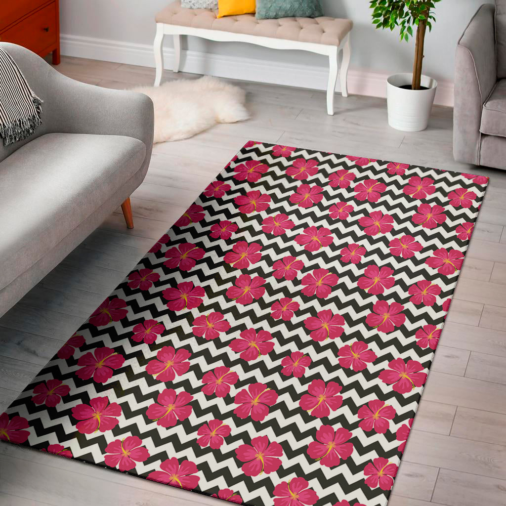 Pink Hibiscus Zigzag Pattern Print Area Rug