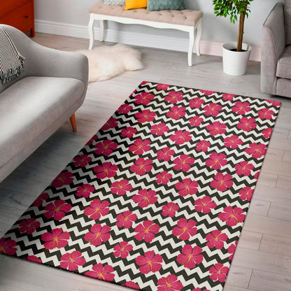 Pink Hibiscus Zigzag Pattern Print Area Rug