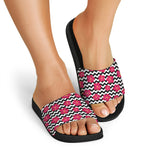 Pink Hibiscus Zigzag Pattern Print Black Slide Sandals