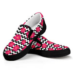 Pink Hibiscus Zigzag Pattern Print Black Slip On Shoes
