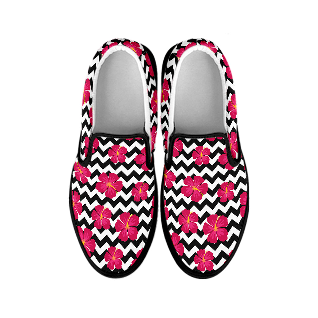 Pink Hibiscus Zigzag Pattern Print Black Slip On Shoes