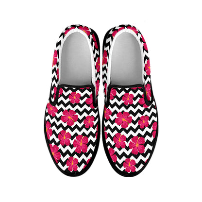 Pink Hibiscus Zigzag Pattern Print Black Slip On Shoes