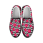 Pink Hibiscus Zigzag Pattern Print Black Slip On Shoes