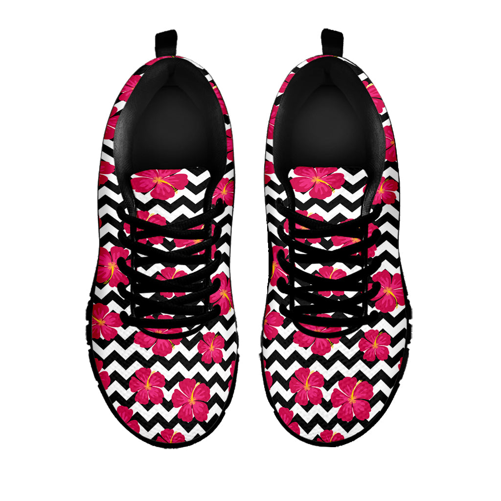 Pink Hibiscus Zigzag Pattern Print Black Sneakers