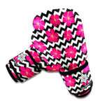 Pink Hibiscus Zigzag Pattern Print Boxing Gloves