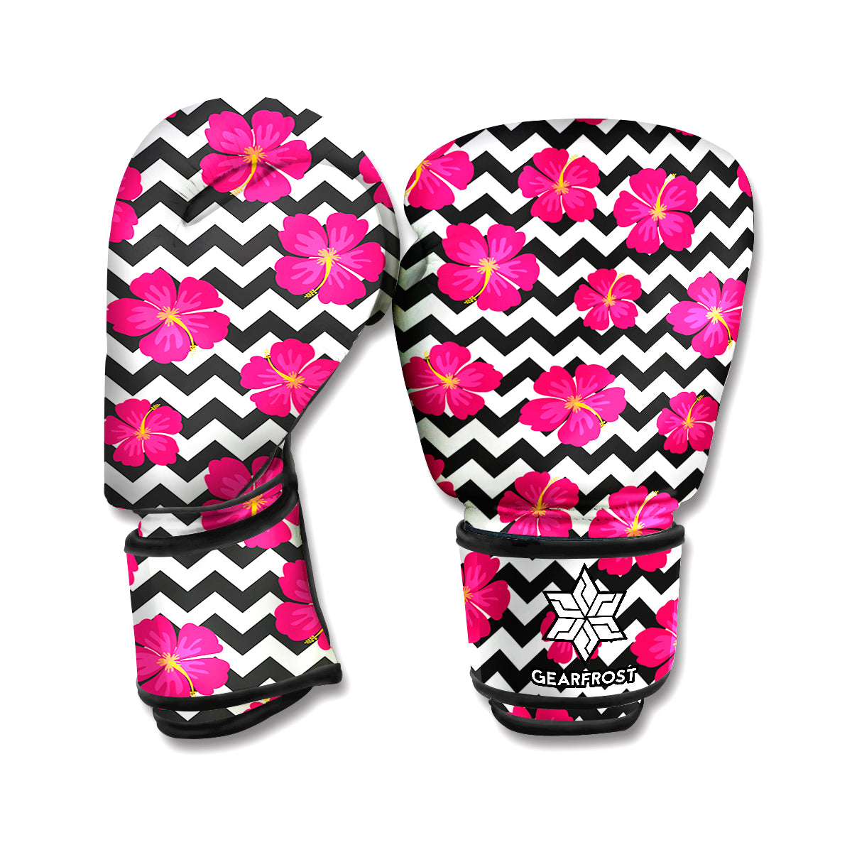 Pink Hibiscus Zigzag Pattern Print Boxing Gloves
