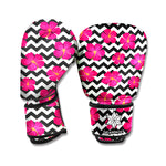 Pink Hibiscus Zigzag Pattern Print Boxing Gloves