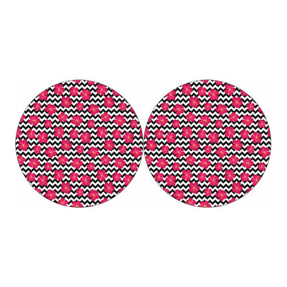 Pink Hibiscus Zigzag Pattern Print Car Coasters