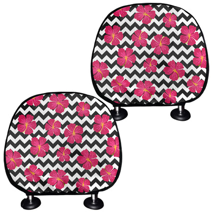 Pink Hibiscus Zigzag Pattern Print Car Headrest Covers