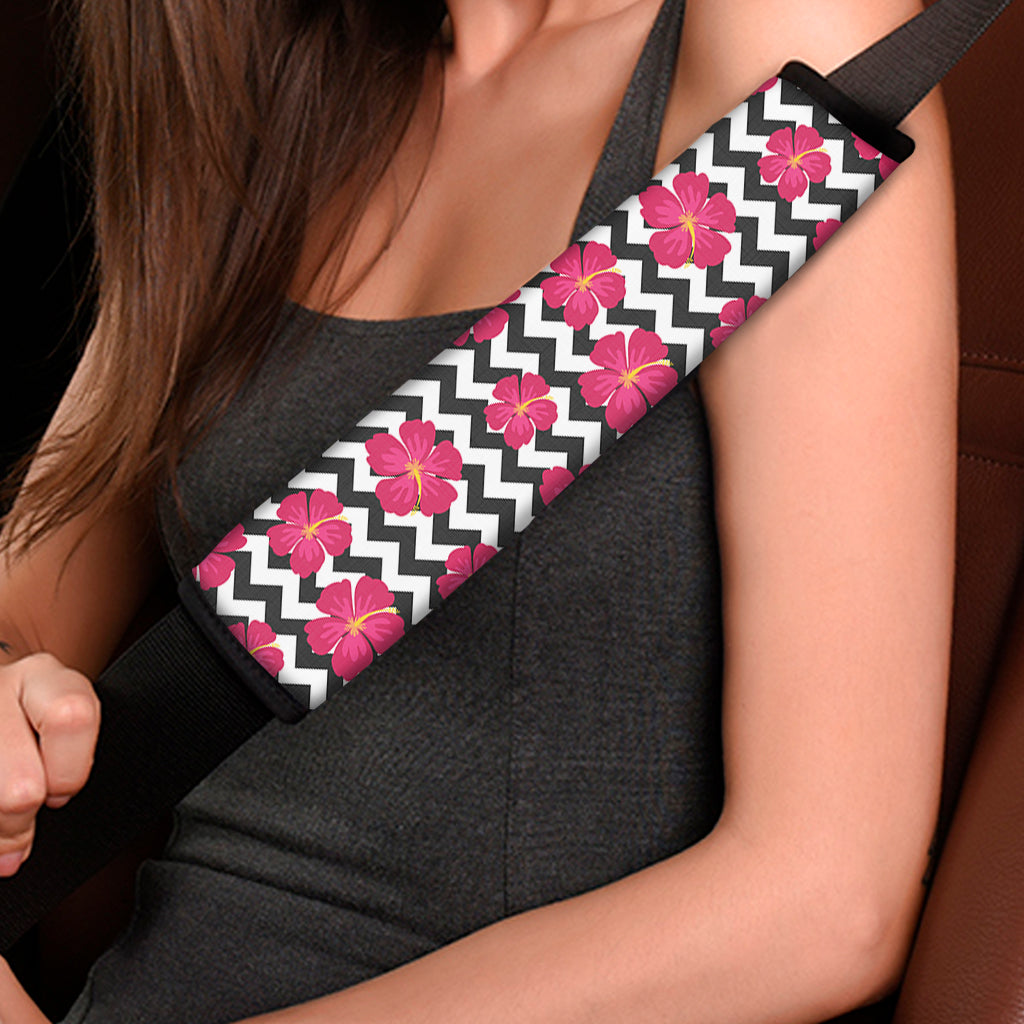 Pink Hibiscus Zigzag Pattern Print Car Seat Belt Covers