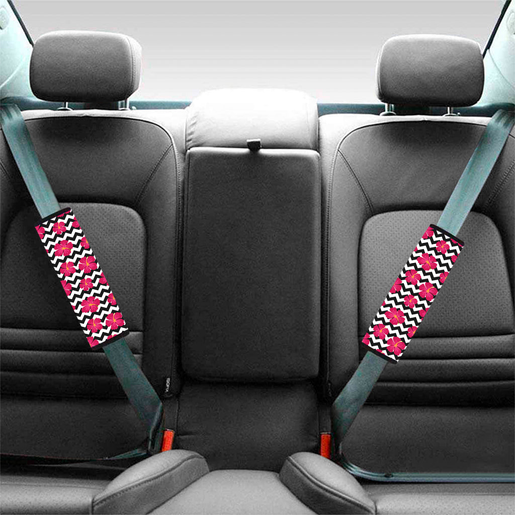 Pink Hibiscus Zigzag Pattern Print Car Seat Belt Covers
