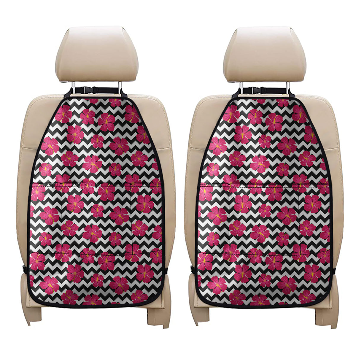 Pink Hibiscus Zigzag Pattern Print Car Seat Organizers