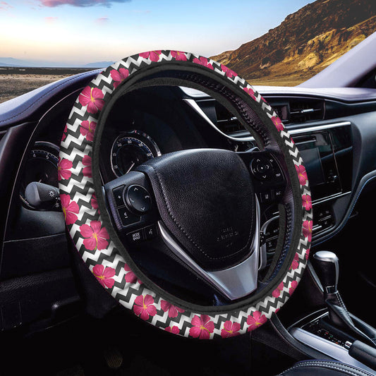 Pink Hibiscus Zigzag Pattern Print Car Steering Wheel Cover