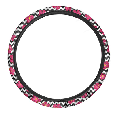 Pink Hibiscus Zigzag Pattern Print Car Steering Wheel Cover