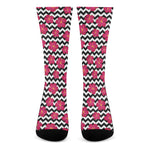 Pink Hibiscus Zigzag Pattern Print Crew Socks