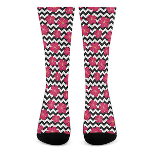 Pink Hibiscus Zigzag Pattern Print Crew Socks