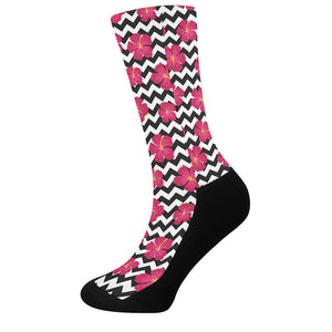 Pink Hibiscus Zigzag Pattern Print Crew Socks