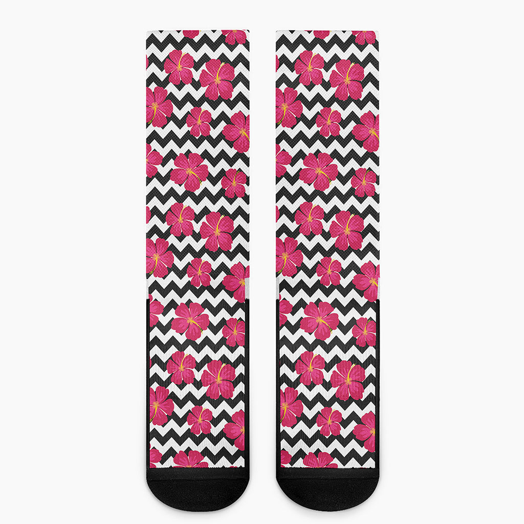 Pink Hibiscus Zigzag Pattern Print Crew Socks