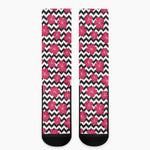 Pink Hibiscus Zigzag Pattern Print Crew Socks
